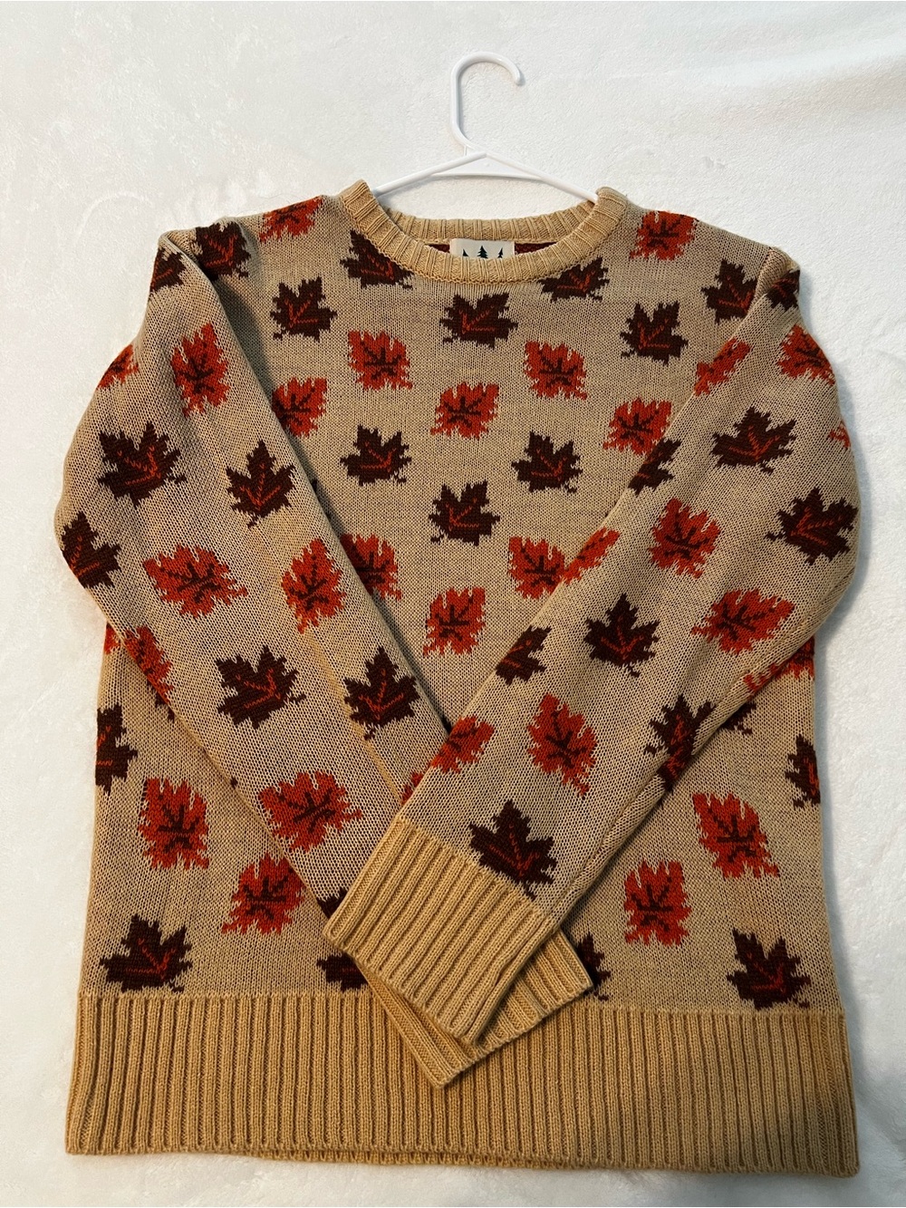 Kiel James Patrick Tan Crewneck Sweater with Rust & Dark Brown Leaf Pattern